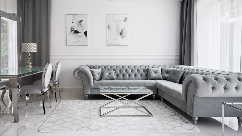 gray velvet sofa