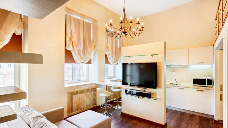 living room with high ceiling