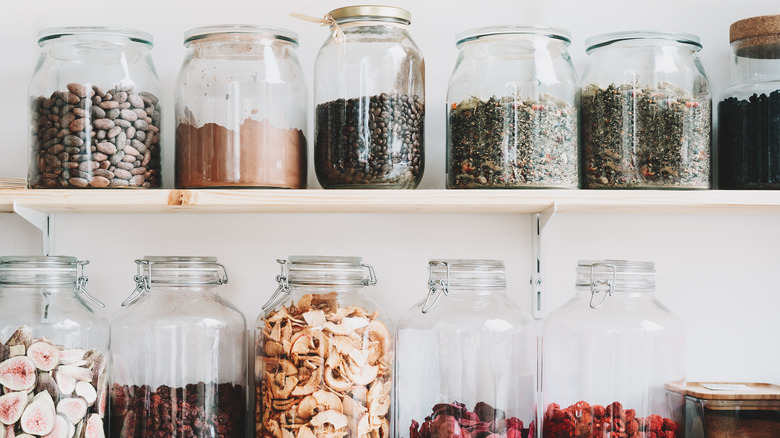 Organized pantry jars of food