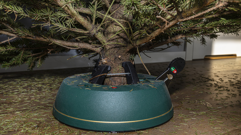 closeup on green clamp-type tree stand with foot lever