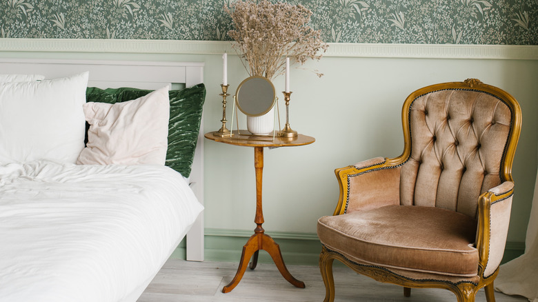 brown vintage chair in bedroom