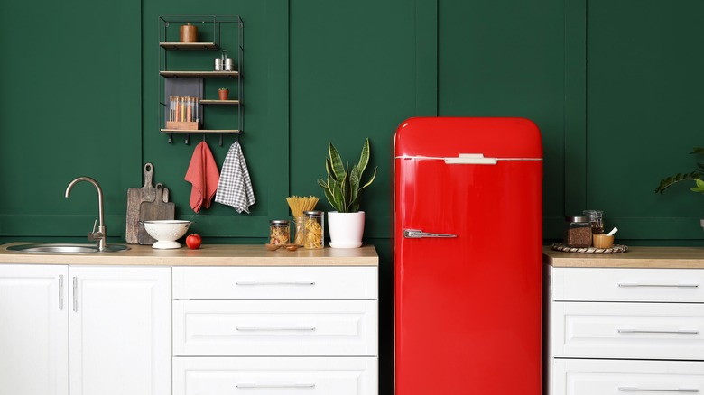 red retro fridge in kitchen