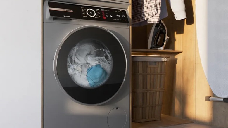 Gray Bosch washing machine in a laundry room
