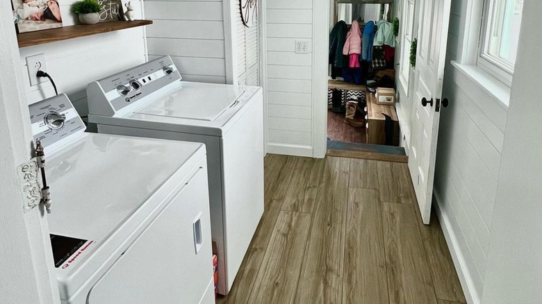 Speed Queen washer and dryer in a laundry room