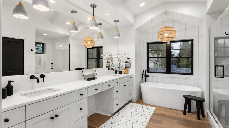 white bathroom with black hardware