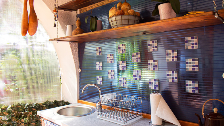 Dark blue backsplash tile