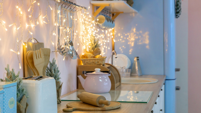 Fairy lights in kitchen