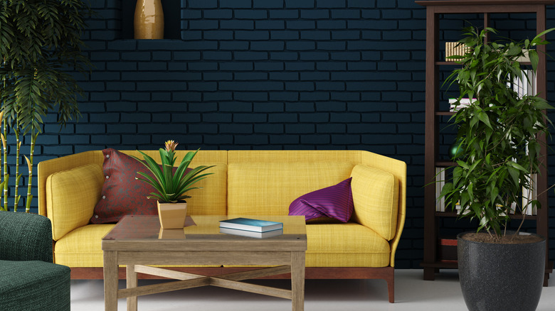 living room with painted brick