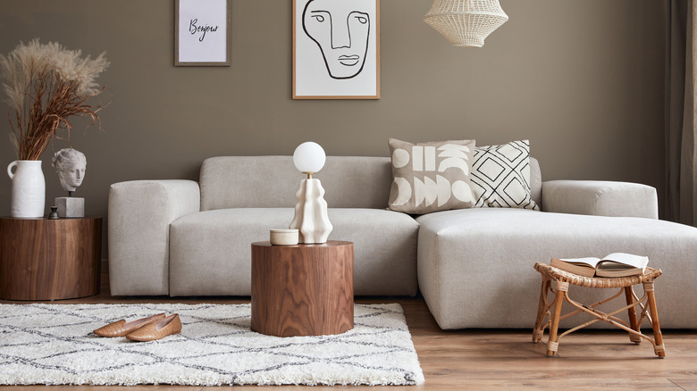 A living room with a block coffee table