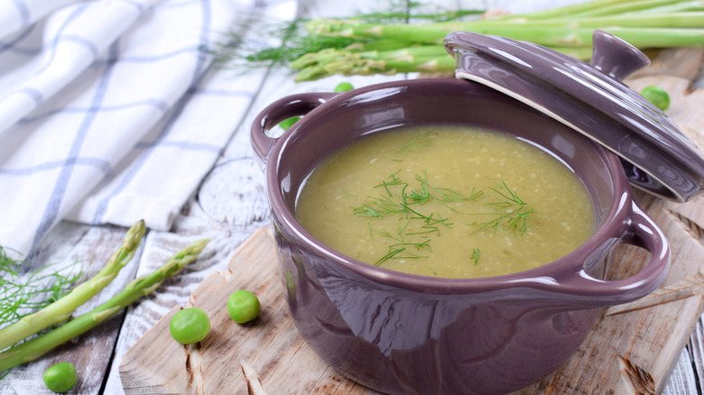 ceramic pot with soup inside