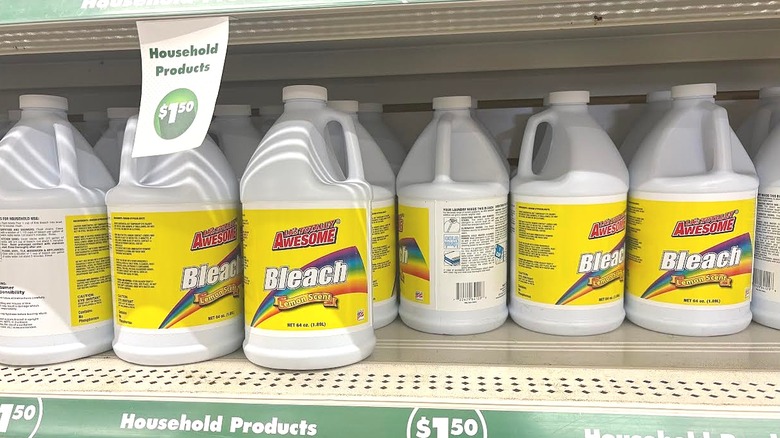 Row of Dollar Tree cheap bleach jugs on disorganized rack