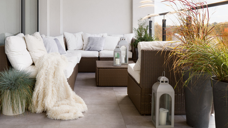 wicker furniture on covered patio