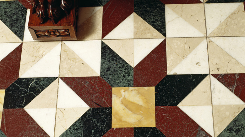 A close-up of a bold-patterned floor