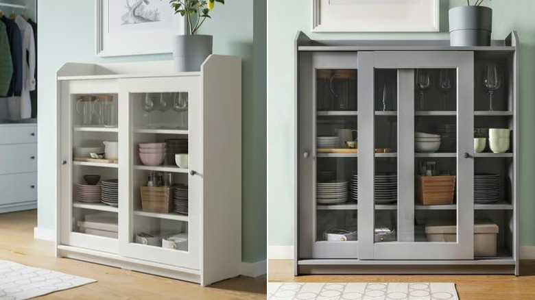 Split image showing the cabinet in white on the left and a gray one on the right with the sliding door partially open.