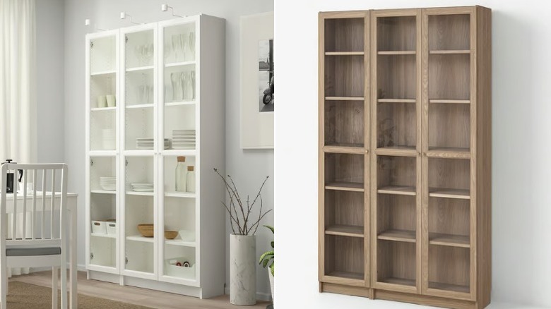 Split image showing the BILLY bookcase in white on the left and in oak effect on the right