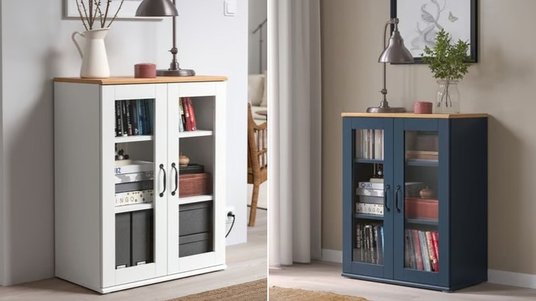 Split image showing the cabinet in white on the left and in black-blue on the right.