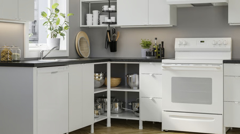 IKEA EHNET white kitchen cabinets with open storage shelves