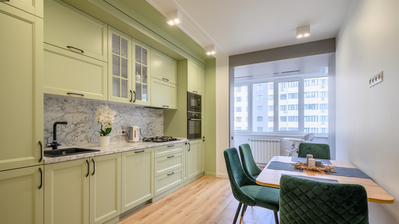 modern kitchen with avocado green cabinets