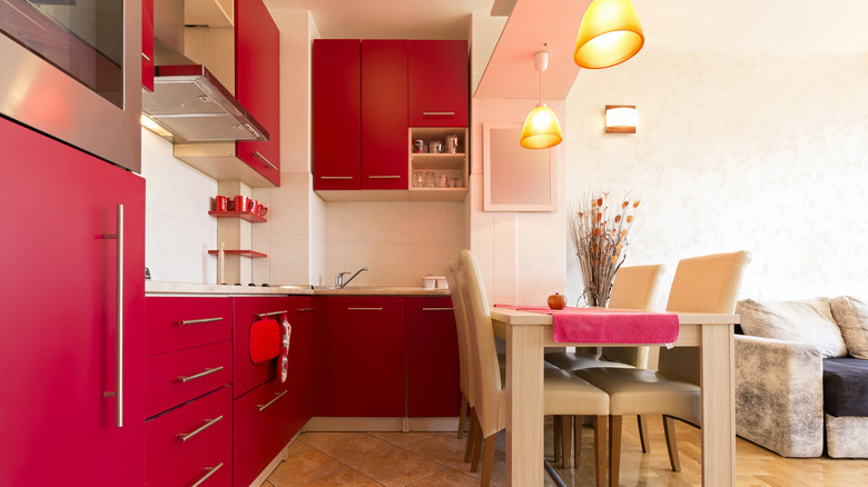 interior of a red-painted kitchen