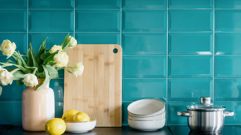 close up of turquoise kitchen tile