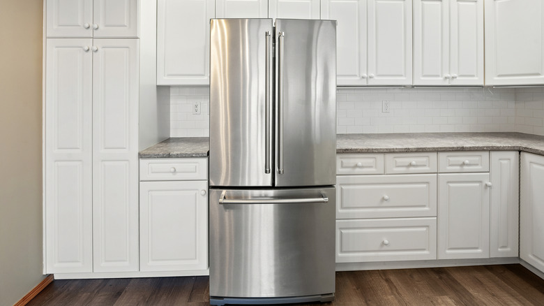 Kitchen with stainless steel refrigerator