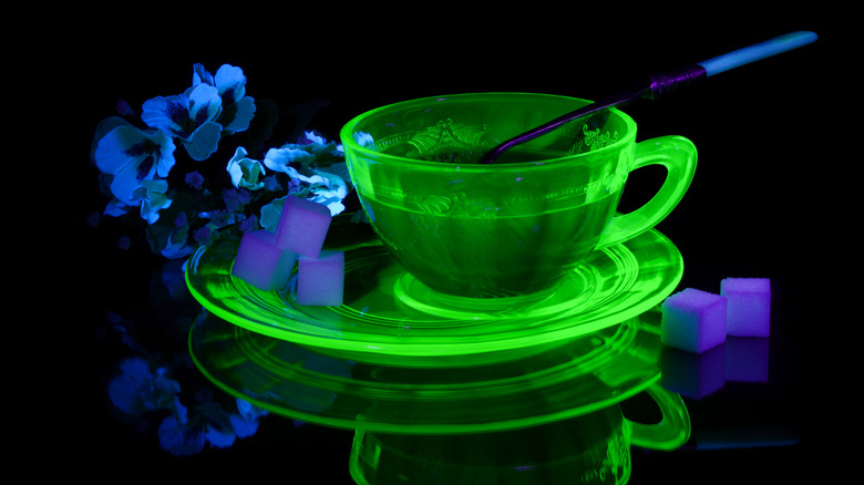 A glowing uranium glass teacup