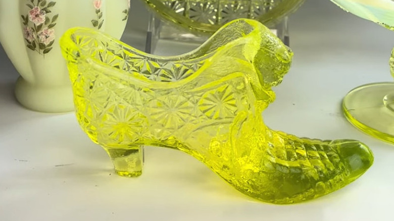 A glass shoe made with Vaseline glass