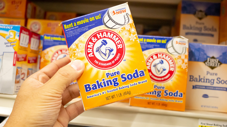 A person holding a box of baking soda
