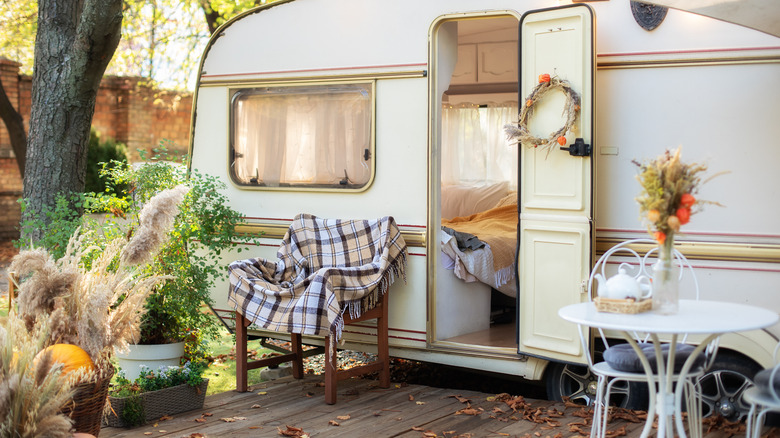 A decorated RV porch