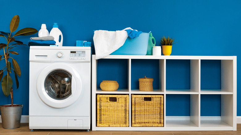 bright blue laundry room
