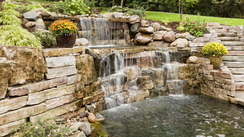 A large backyard water feature and pond.