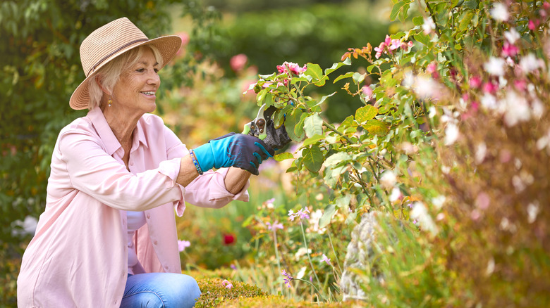 A woman in a pink shirt working in her garden