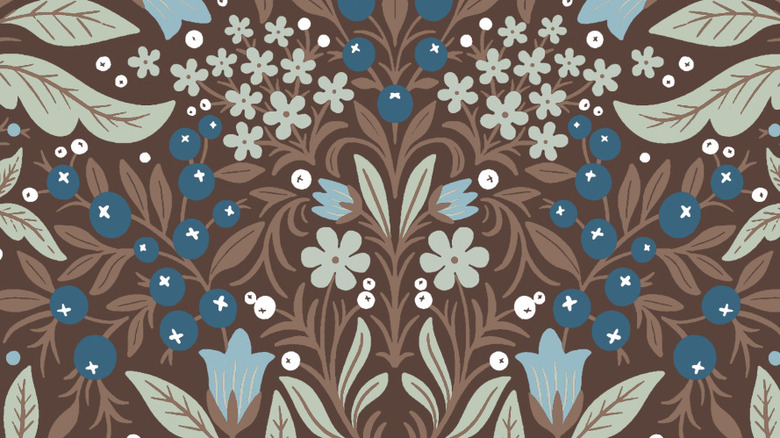 Close up of a brown blue and green floral wallpaper design