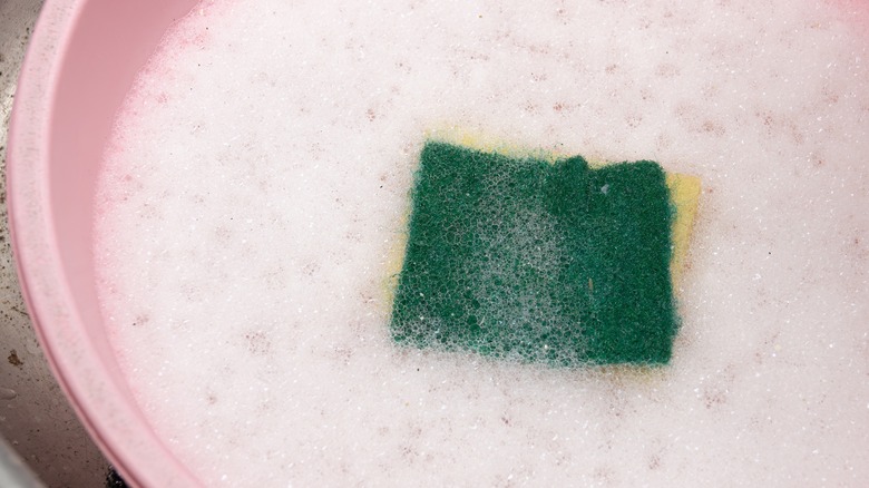 Closeup of sponge sitting in bowl of water and soap