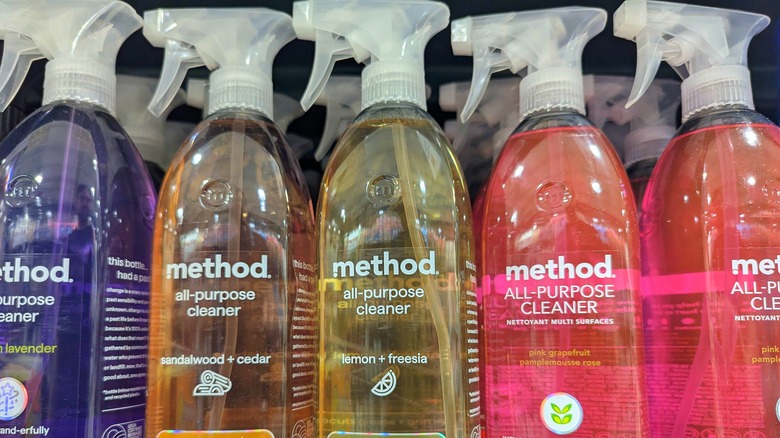 Close up of method brand cleaning sprays on store shelf