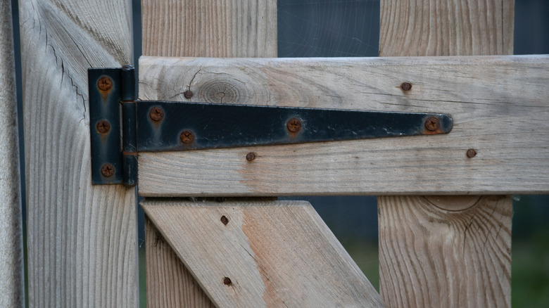 Close-up of a metal hinge starting to rust on a garden gate
