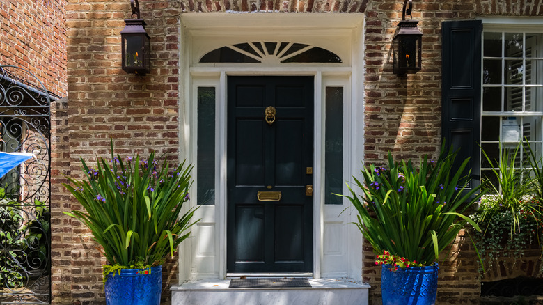 Brick house with black door and plants