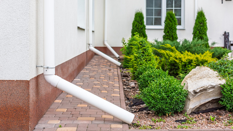 Close up of white downspouts connected to garden