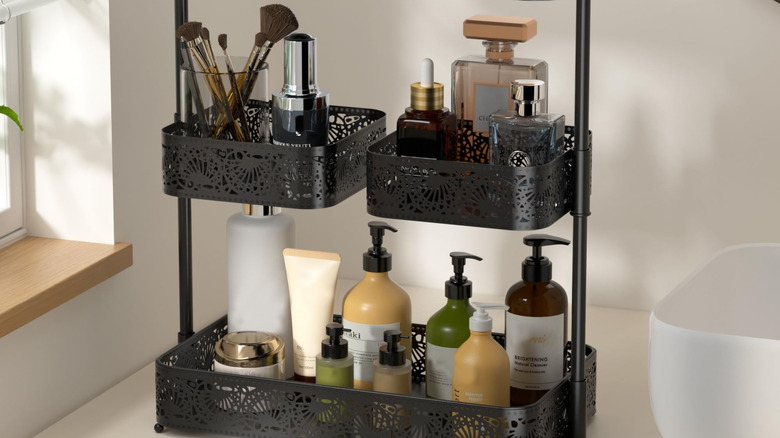 A two-tiered bathroom countertop organizer
