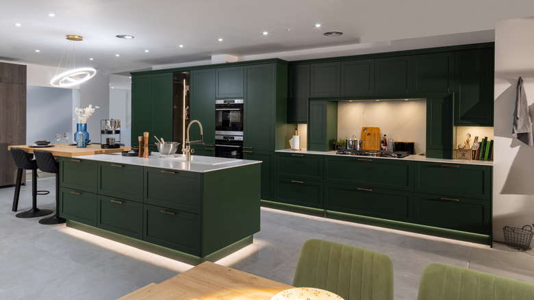 Modern kitchen with emerald green cabinets