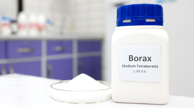 Bottled generic borax on countertop beside dish of powdered borax