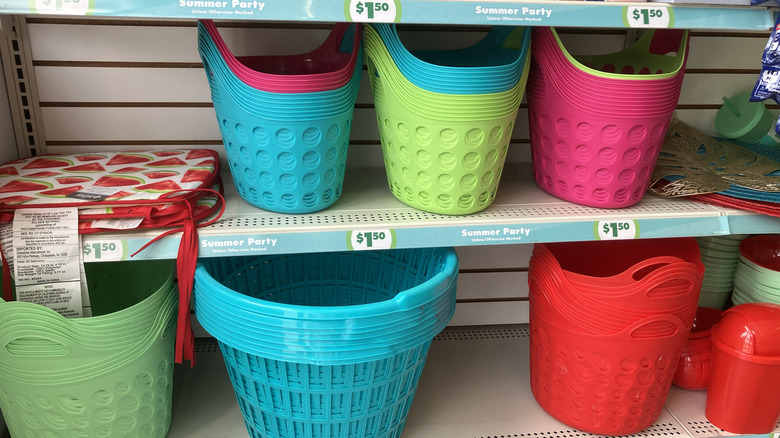 Colorful plastic baskets and buckets at Dollar Tree