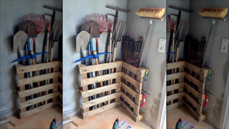A DIY corner tool rack made with pallets