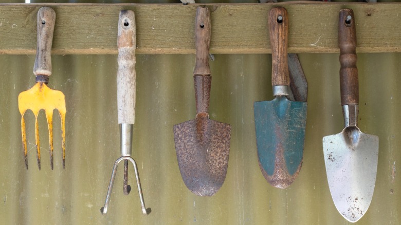 Aprons and a dust pan hanging from wall hooks