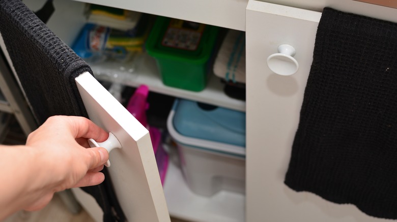 person decluttering cabinets