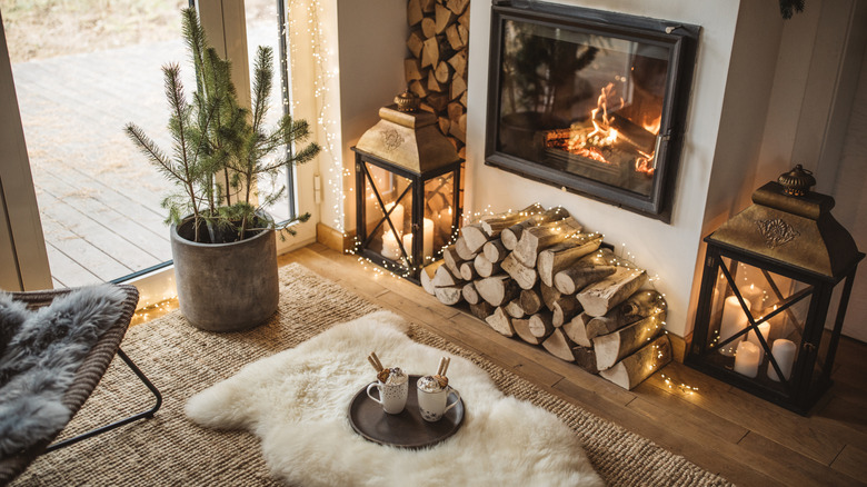 room with faux fur rug