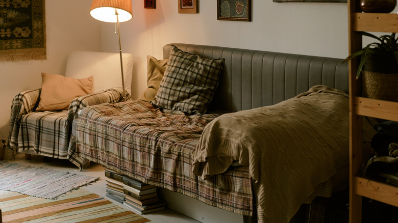 plaid blankets pillow on couch