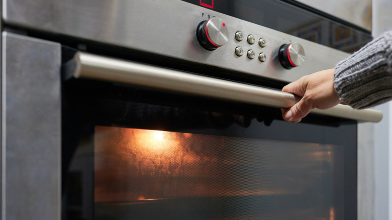 person holding handle to oven with oven light on