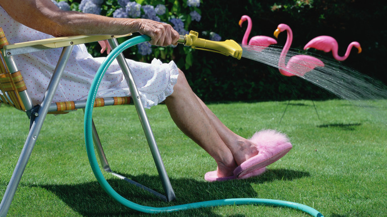 Woman watering fake lawn with plastic garden flamingos