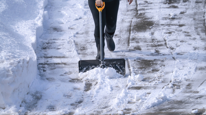 Person shovels snow off driveway